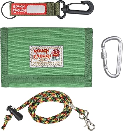 Rough Enough Kids Wallet for Boys Girls Preppy Teen with Neck Lanyard Keychain Canvas Green
