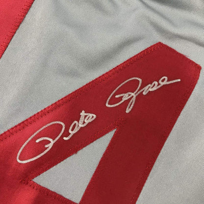 Autographed/Signed Pete Rose Cincinnati Grey Baseball Jersey JSA COA