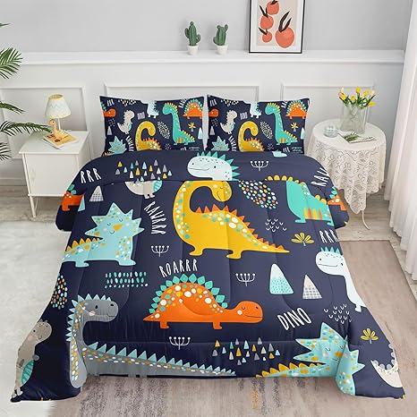 Cartoon Dinosaur Comforter Set Dark Blue Dinosaur Printed Bedding Set with 1 Comforter and 2 Pillowcases for Boys and Girls Bedroom All Season(Dinosaur Twin)