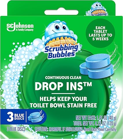 Scrubbing Bubbles Continuous Clean Drop-Ins Toilet Cleaner Tablet, Repels Tough Hard Water and Limescale Stains, Blue Discs, 4.23 oz, 3ct