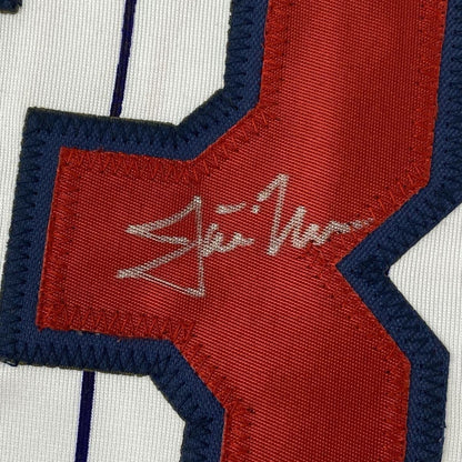 Framed Autographed/Signed Justin Morneau 35x39 Minnesota Pinstripe Baseball Jersey JSA COA