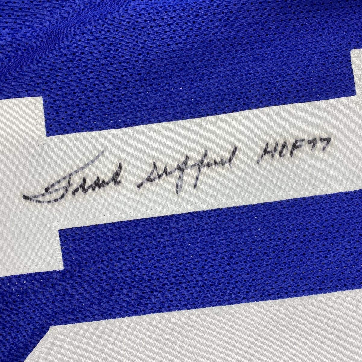 Autographed/Signed Frank Gifford HOF 77 New York Blue Football Jersey JSA COA