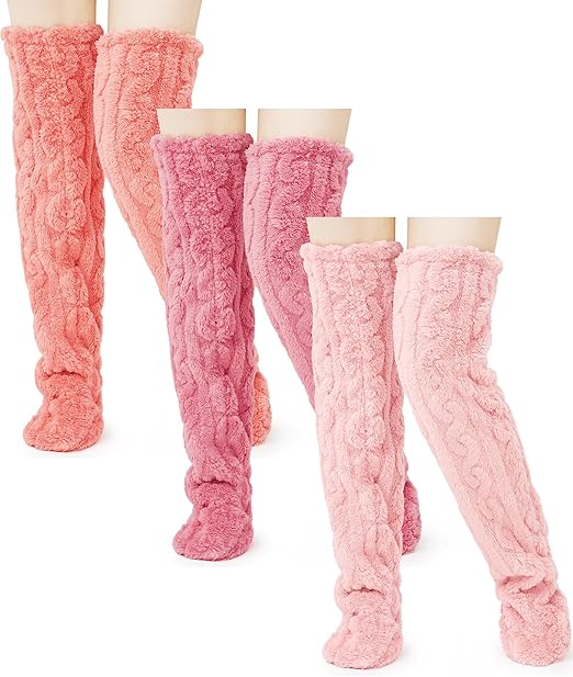 Geyoga 3 Pairs Over Knee Fuzzy Socks High Fuzzy Leg Warmers Over Knee Plush Slipper Socks for Women Christmas Sleeping