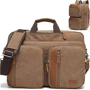 3 in 1 Laptop Shoulder Bag: 17.3'' Canvas Messenger Bag Convertible Backpack Briefcase with Multiple Pockets & Laptop Sleeve for Men Work, Carry On Crossbody Bag for Notebook, Brown