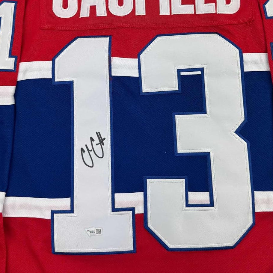 Framed Autographed/Signed Cole Caufield 35x39 Montreal Canadiens Red Hockey Jersey Fanatics COA