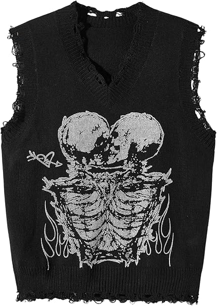 Floerns Men's Skeleton Print Sleeveless V Neck Knitted Distressed Hem Sweater Vest