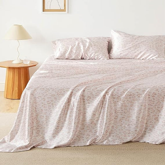 Bedsure Satin Sheets - Soft Satin King Sheets Set, 4 Pcs Luxury Silky Sheets, Similar to Silk Sheets, Floral Satin Sheets King for Hair and Skin, Gifts for Women(Leopard, King)
