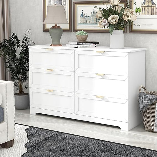 6 Drawer Dresser for Bedroom, Modern Long Dresser Chest with Large Drawer, Wooden Chest of Dresser Storage Cabinet Organizer Unit for Living Room, Cloakroom, Entryway, Hallyway, White