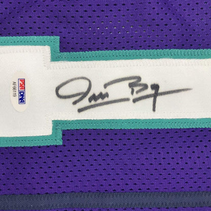 Framed Autographed/Signed Muggsy Bogues 35x39 Charlotte Purple Basketball Jersey PSA/DNA COA