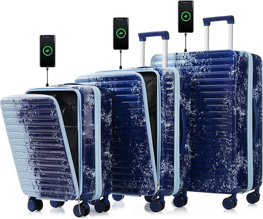 Luggage Sets Luggage Set of 3 Spinner Suitcase with Built-in Charger Suitcases with Wheels TSA-Approved Lock USB Port Perfect for Traveling Valentine's Day Gifts Blue
