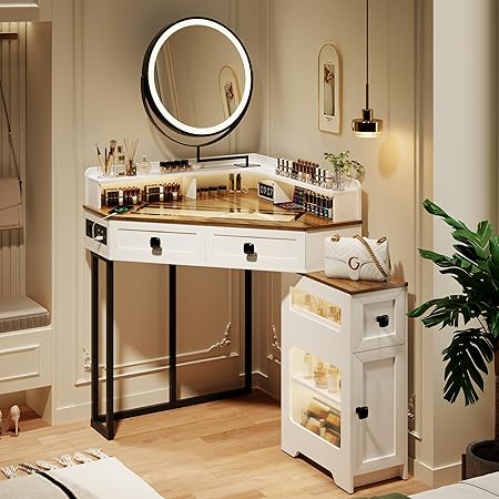 Corner Vanity with Mirror and Lights, Modern Makeup Vanity Set with Charging Station for Bedroom/Cloakroom, Glass Top Vanity Table with Drawers and Shelves, White