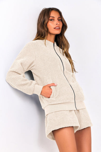 PRETTYGARDEN Women's 2 Piece Outfits 2024 Fall Fleece Zip Up Tops Jackets And Shorts Sets Tracksuit Loungewear (Beige,X-Large)