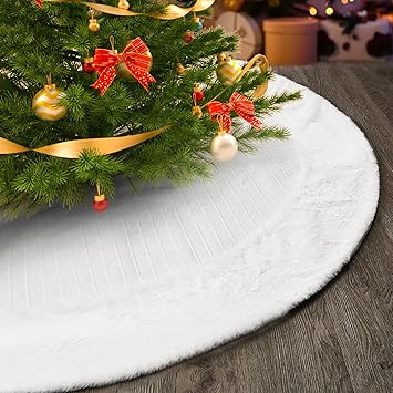 60 Inch Large Christmas Tree Skirt, White Tree Skirt with Faux Fur Edge, Luxury Thick Rustic Christmas Tree Decorations Xmas Tree Rug for Holiday Party