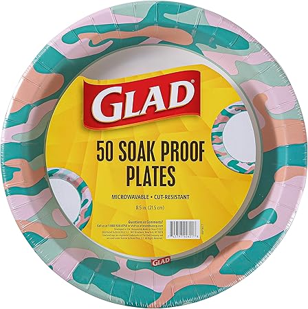 Glad Everyday Round Disposable Camo Design | Heavy Duty Soak Proof, Cut-Resistant, Microwavable Paper Plates for All Foods & Daily Use | 8.5 Inches (Pack of 1, 50 Count)