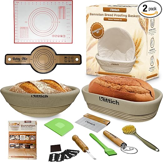 Banneton Bread Proofing Basket with Essentials Set, 10 Inch Oval and 9 Inch Round Rattan Baskets with Linen Liners, Perfect for Sourdough Starter Kit - Sourdough Bread Baking Supplies