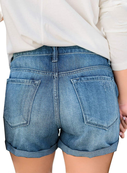 luvamia Women's Summer Casual Jean Shorts Stretchy High Rise Folded Hem Cutoff Denim Shorts 3 Inch Inseam Cute Shorts for Women Jive Outlasted Blue Size X-Large
