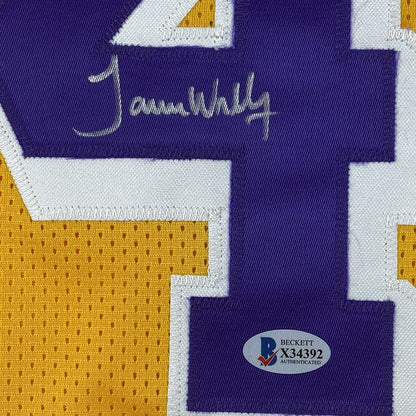 Autographed/Signed James Worthy Los Angeles LA Yellow Basketball Jersey Beckett BAS COA
