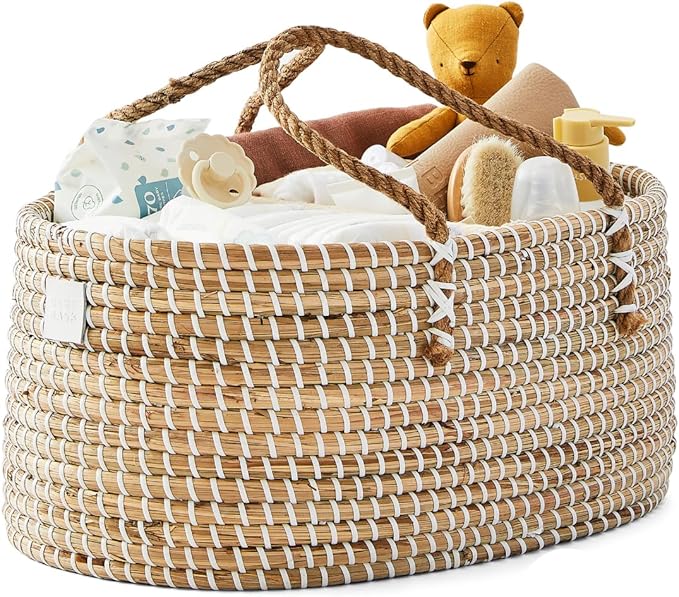 Baby Diaper Caddy Organizer - Handmade Organic Seagrass - Luxury Diaper Caddy Basket - Cute Diaper Caddy for Baby Girl & Diaper Caddy for Baby Boy - White (Natural)