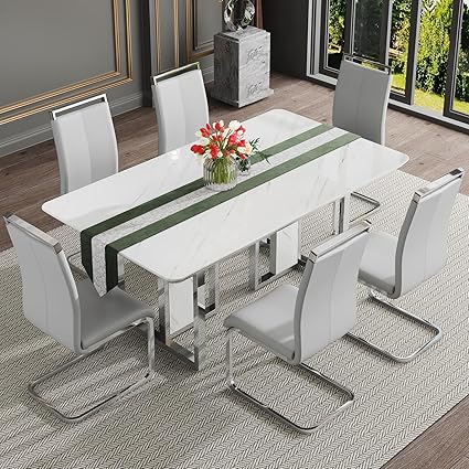 67'' Modern Dining Table Set for 6, White Kitchen Table Set, Luxury Dining Table Set with 1.8-inch Thick Faux Marble Table Topâ__6 Pu Leather Upholstered Chairs Ideal for Dining kicken Room