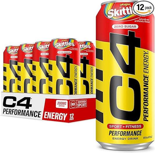 Cellucor C4 Performance Energy Drink | SKITTLES | Zero Sugar Carbonated Preworkout Energy | 200mg Caffeine with Beta Alanine | 16 Fl Oz (12 Pack)