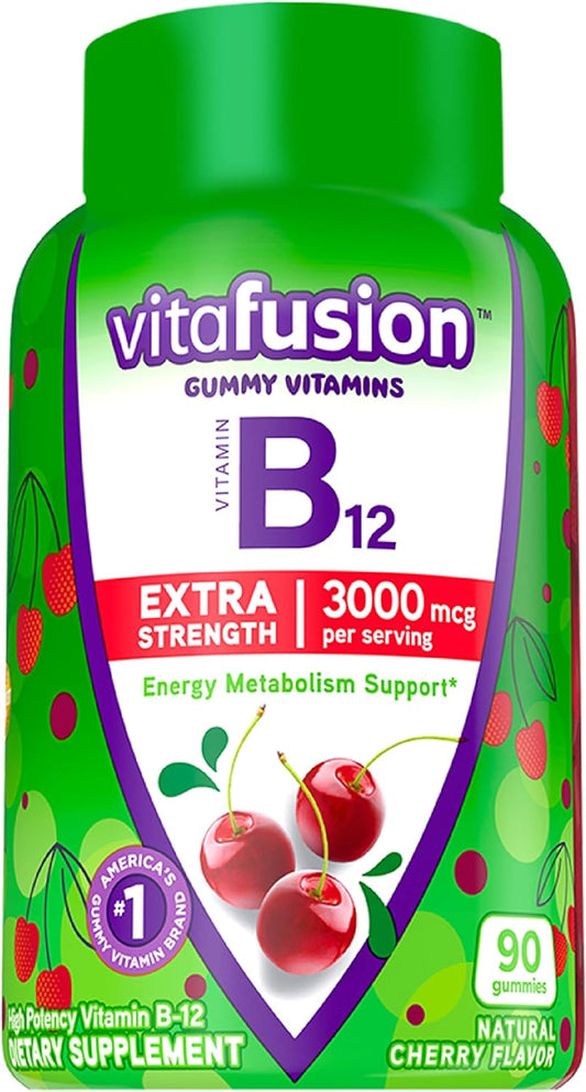 Vitafusion Extra Strength Vitamin B12 Gummy Vitamins for Energy Metabolism Support and Nervous System Health Support, Cherry Flavored, America’s Number 1 Gummy Vitamin Brand, 45 Day Supply, 90 Count