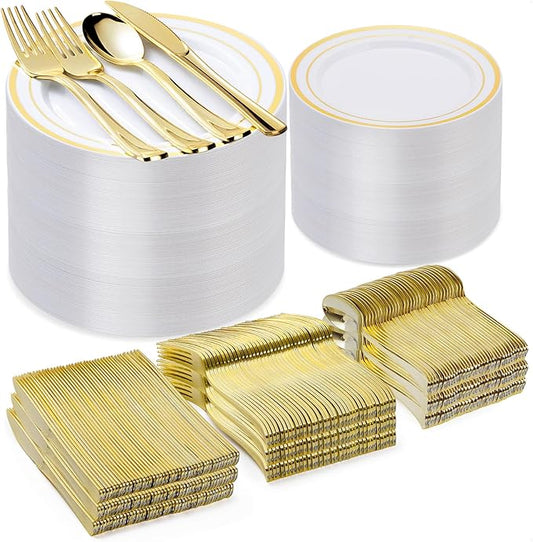 600PCS Gold Plastic Plate Set (100 Guests), Plastic Plates for Party Wedding Birthday, Disposable Dinnerware Set of 200 Plastic Plates, 200 Forks, 100 Spoons, 100 Knives