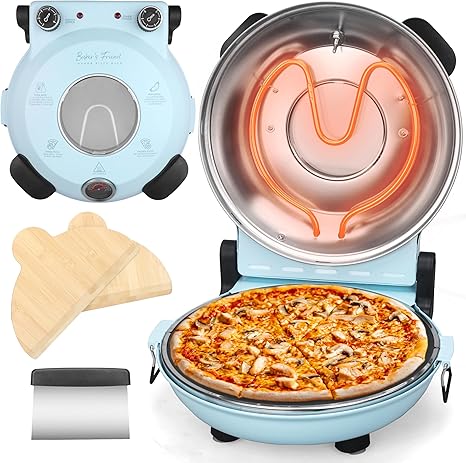 BakerŠ—Ès Friend Electric Pizza Oven Indoor Countertop, 12 Inch Pizza Maker Machine for Home, Pizza Cooker & Pizza Grill, Premium Glazed Ceramic Stone Pizza Oven, Pale Blue