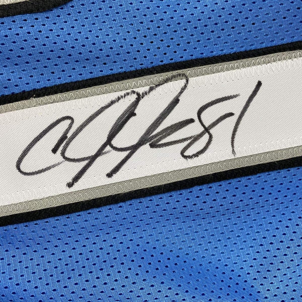 Autographed/Signed Calvin Johnson Detroit Blue Football Jersey JSA COA