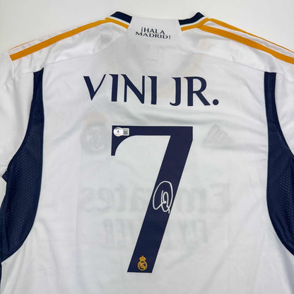 Framed Autographed/Signed Vini Vinicius Jr. 35x39 Real Madrid White Soccer Jersey Beckett BAS COA