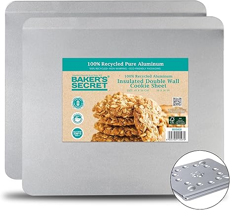 Baker's Secret 2pcs Pure Aluminum Insulated Cookie Sheet Commercial Grade, 100% Recycled Aluminum Cookie Sheet Extra Thick - The Natural Aluminum Collection