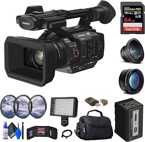 Panasonic HC-X2 4K Camcorder (HC-X2) + 64GB Memory Card + Filter Kit + Wide Angle Lens + Bag + LED Light + Telephoto Lens + Card Reader + Memory Wallet + Cleaning Kit + More