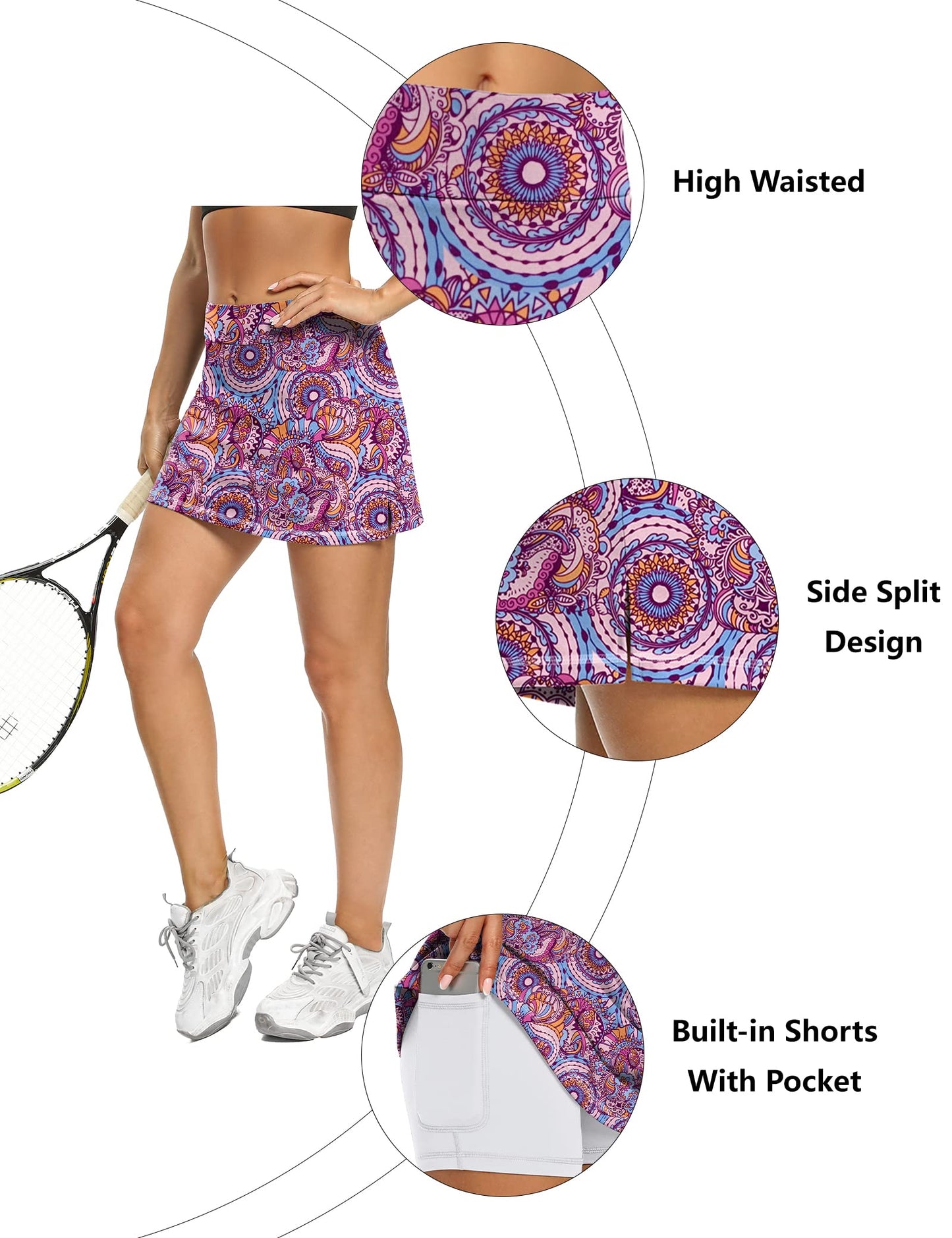 LouKeith Tennis Skirts for Women High Waisted Athletic Active Golf Skorts Mini Workout Running Skirts with Shorts Pockets Bohemian XL