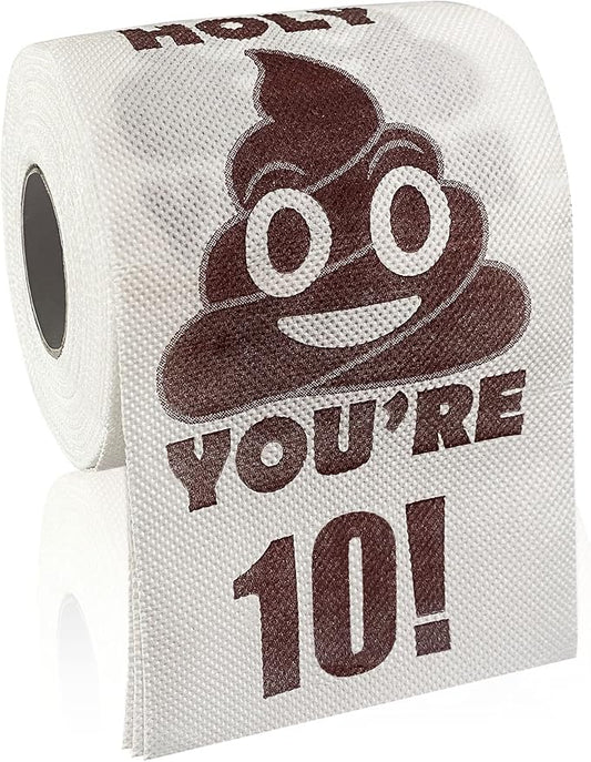 Happy 10th Birthday Gifts, 3-Ply Funny Toilet Paper Roll, Holy Poop You're 10 Printed Toilet Paper Gag Gift, Pranks & Surprises Bathroom Decor for Boys Son and Girls, Cheers to 10 Bday Party Supplies
