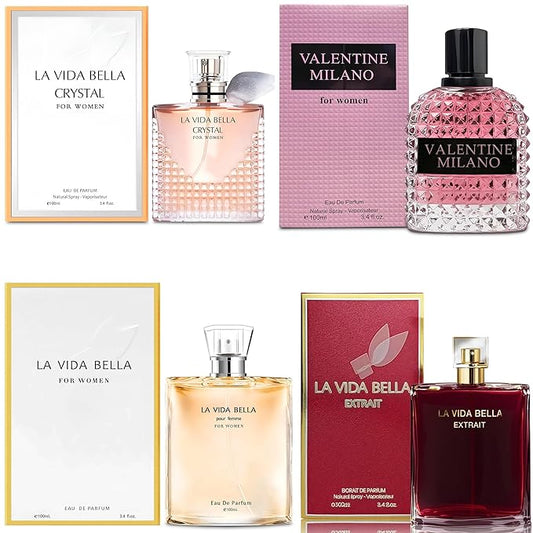 4PCS Perfume Set for Women - Floral Fragrance Gift Set with Vanilla, Sweet Fruity Eau De Parfume| 3.4 Fl Oz Each(La Vida Bella, La Vida Bella Crystal, La Vida Bella Ext, Valentine Milano)