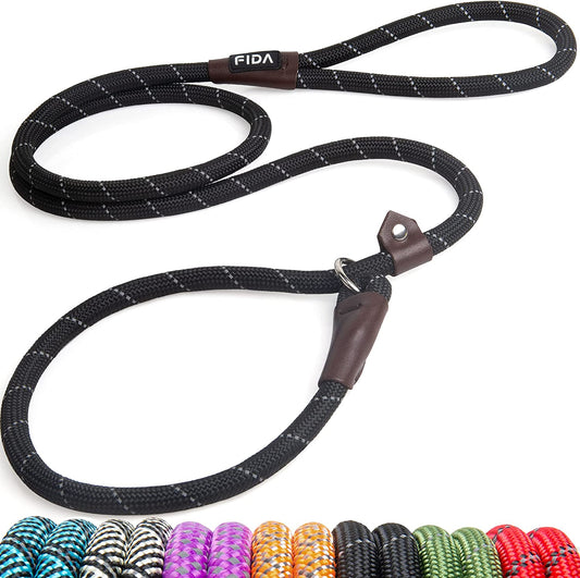 Fida Durable Slip Lead Dog Leash, 6 FT x 1/2" Heavy Duty Dog Loop Leash, Comfortable Strong Rope Slip Leash for Large, Medium Dogs, No Pull Pet Training Leash with Highly Reflective, Black