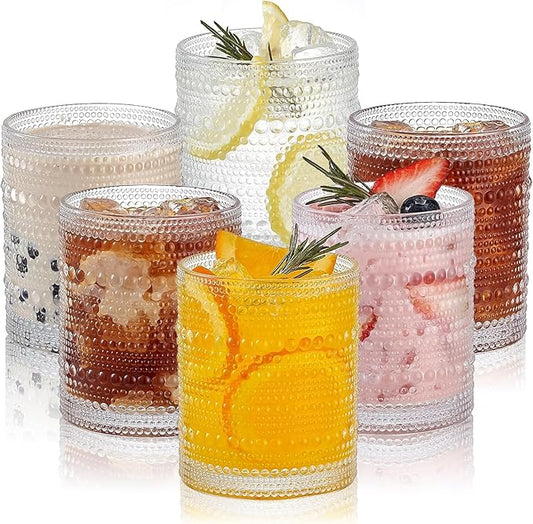 6-Pcs Hobnail Drinking Glasses Sets - 12 oz Vintage Glassware - HomeVogue Cocktail Glass, Embossed Clear Water Tumbler for Beer, Whiskey, Juice and Various Mixed Drinks ( Clear)