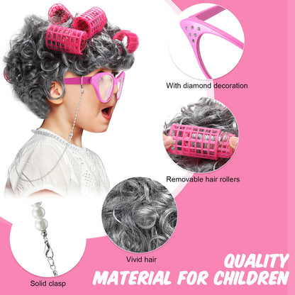 7 Pieces Old Lady Costume Set, Grandmother Wig with Hair Rollers, Halloween KIDS