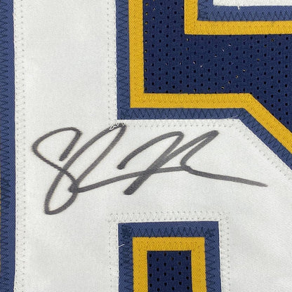 Framed Autographed/Signed Shawne Merriman 35x39 San Diego Dark Blue Football Jersey Beckett BAS COA