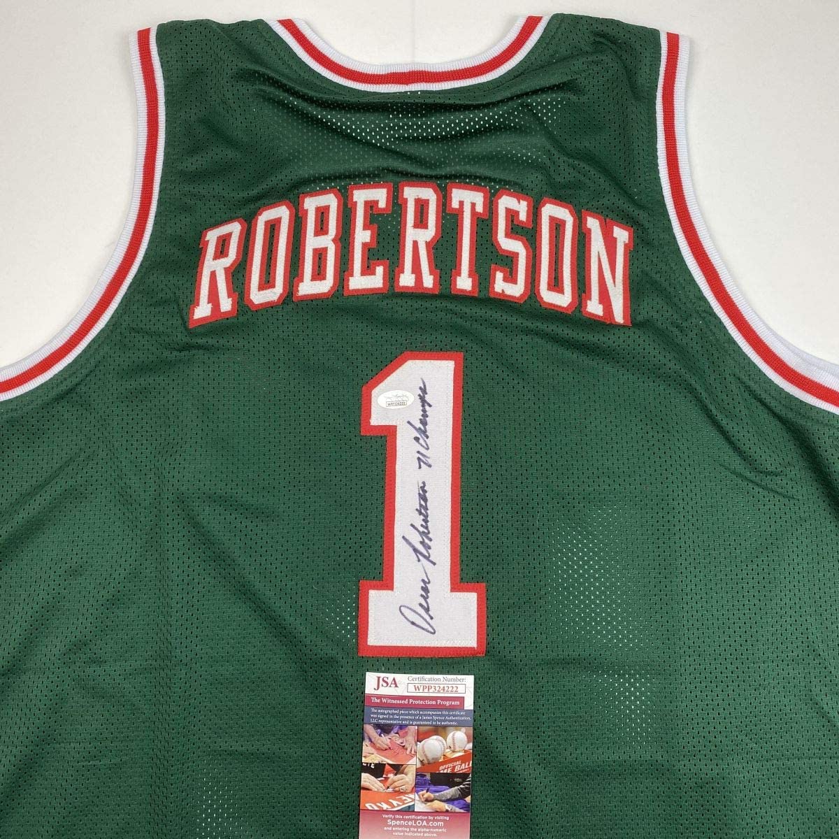 Autographed/Signed Oscar Robertson 71 Champs Milwaukee Green Basketball Jersey JSA COA