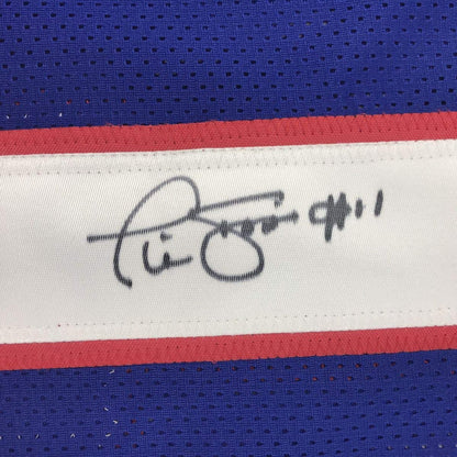 Autographed/Signed Phil Simms New York Blue Football Jersey JSA COA