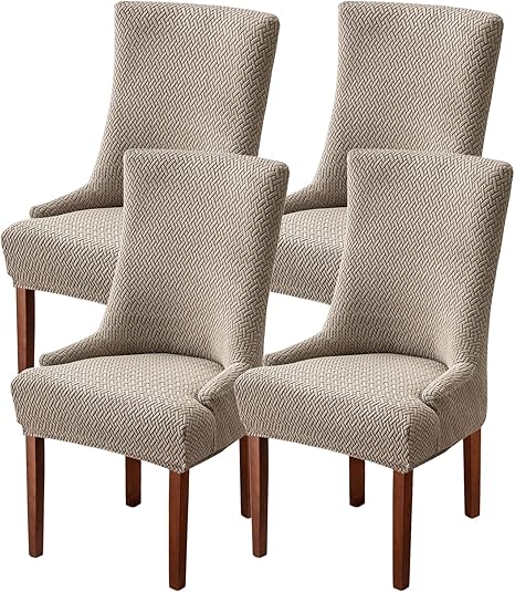 Stretch Diagonal Stripes Wingback Chair Covers Slipcover - Reusable Arm Chair Protector Cover, Kitchen Dining Chair Covers Protectors for Dining Room Chairs (Khaki, Set of 4)