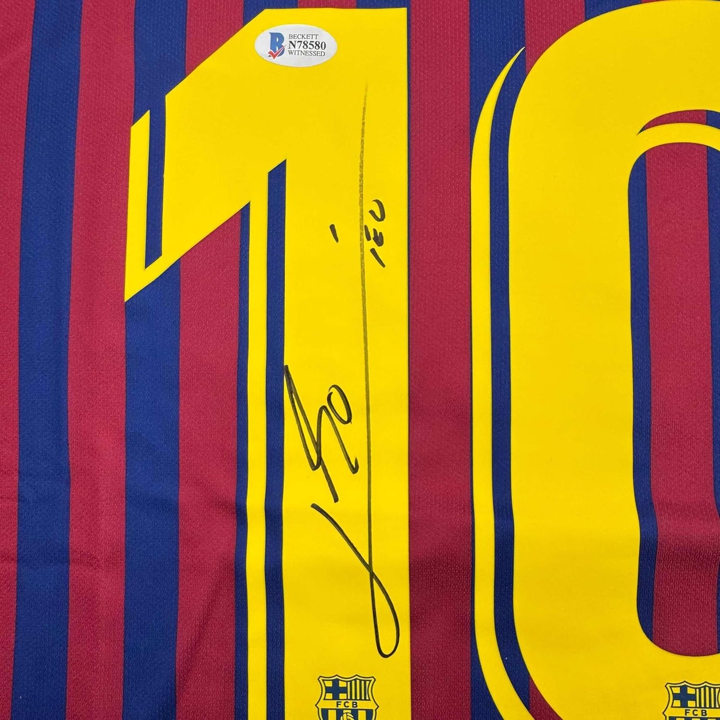 Framed Autographed/Signed Lionel Leo Messi 35x39 FC Barcelona Soccer Jersey Beckett BAS COA