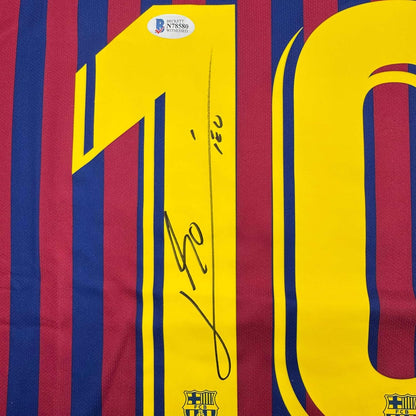 Framed Autographed/Signed Lionel Leo Messi 35x39 FC Barcelona Soccer Jersey Beckett BAS COA