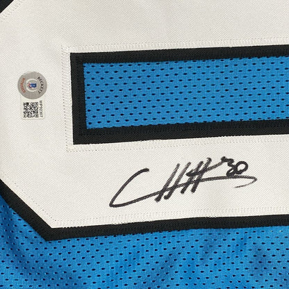 FRAMED Autographed/Signed Chuba Hubbard 35x39 Carolina Blue Football Jersey Beckett BAS COA