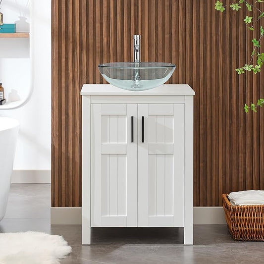 UEV White 24" Bathroom Vanity with Sink Combo, Modern Vanity with Vessel Sink, Stylish Bathroom Vanity Cabinet, Grooved Doors & Metal Handles, Modern Glass Round Bowl Tempered Glass Vessel Sink(A16)
