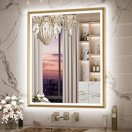 Keonjinn 30 x 36 Inch Gold LED Mirror for Bathroom with Frontlit & Backlit, Metal Framed, Wall Mounted Mirror with Dimmable, Stepless Tricolors, Anti-Fog, UL-Listed LED Driver, Light Up Mirror