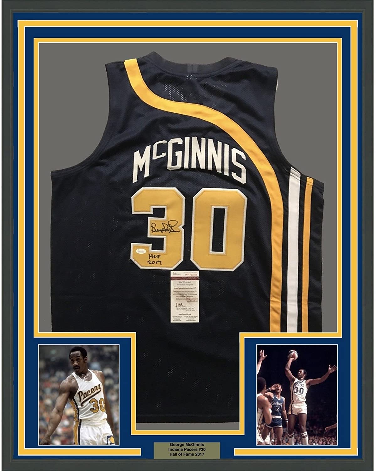 Framed Autographed/Signed George McGinnis HOF 17  35x39 Indiana Blue Basketball Jersey JSA COA
