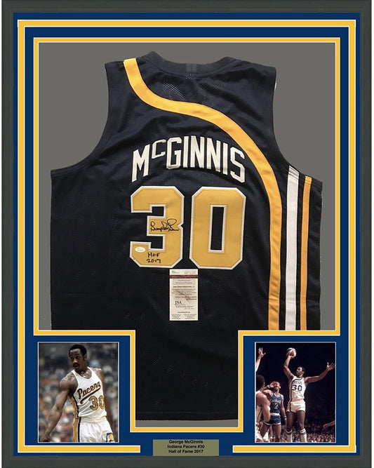 Framed Autographed/Signed George McGinnis HOF 17  35x39 Indiana Blue Basketball Jersey JSA COA