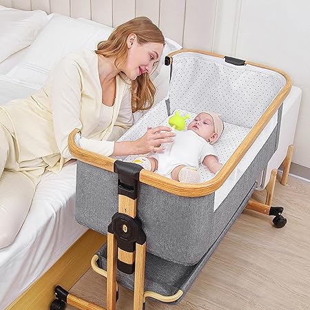 Baby Bassinet Bedside Sleeper, 3 in 1 Bedside Bassinet, 6 Height Adjustable Easy Folding Portable Bedside Crib with Mosquito Net for Newborn Infant, Storage Basket and Wheels (Grey)