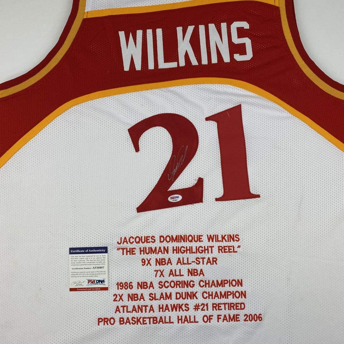 Autographed/Signed Dominique Wilkins Atlanta White Stat Basketball Jersey PSA/DNA COA